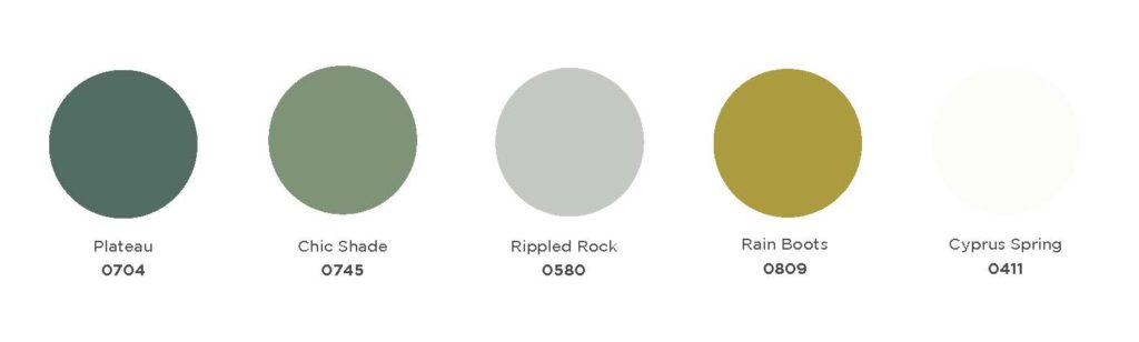 Color swatches of  0704 Plateau, 0745 Chic Shade, 0580 Rippled Rock, 0809 Rain Boots, and 0411 Cyprus Spring.